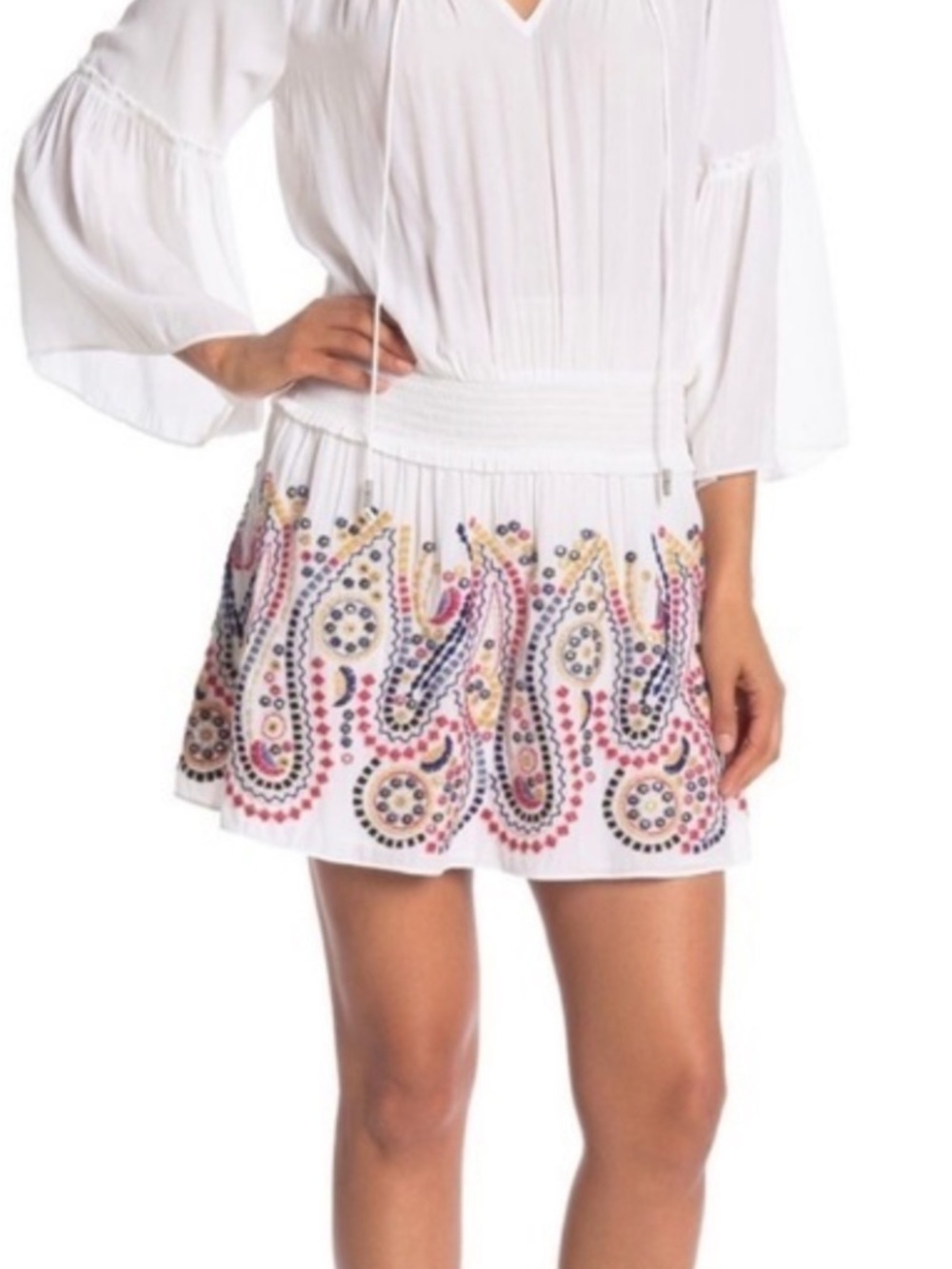 Ramy Brook White Mini Dress with Multicolor and mirrored Embroidery